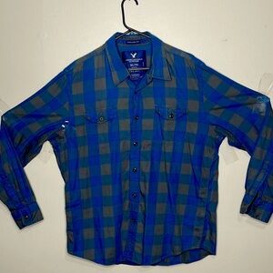 American Eagle Men's XL Checked Plaid‎ Vintage Fit Snap Shirt blue gray black